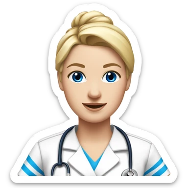 Do a nurse in a white kasack with Blue stripes on, blonde hair,Blue eyes and a sleek bun sticker
