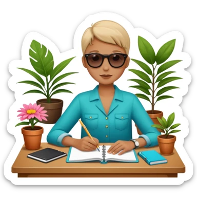 DE VACACIONES y detrás un escritorio moderno, con una notebook, una agenda y una planta con una flor sticker