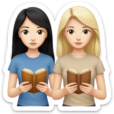 beautiful white girl with black hair in beige t-shirt and beautiful blonde with long hair in beige t-shirt reading beautiful vintage book sticker