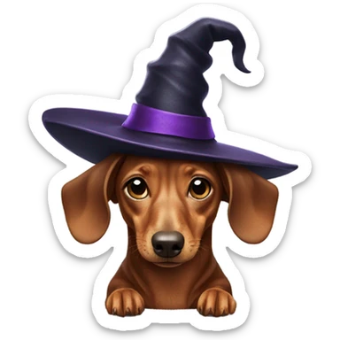 Weenie dog wearing a witch hat sticker
