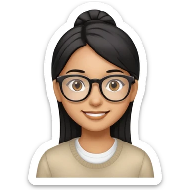 girl with light brown skin smiling with straight black hair, brown eyes, and clear glasses sticker