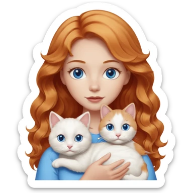 Long wavy strawberry blonde blue eyes woman with a white cat with blue eyes realistic  sticker