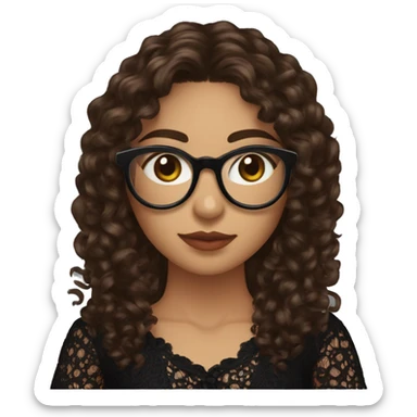 Hispanic woman with long chocolate brown curly hair,cateye black glasses, brown eyes, holding a ball of yarn with a needle in it, wearing a black lace shirt sticker