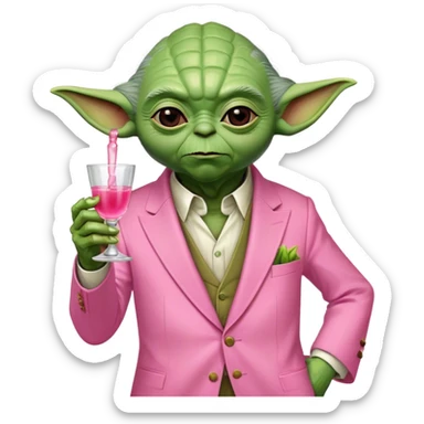 Master Yoda in pink suit holding pink tequila shot sticker