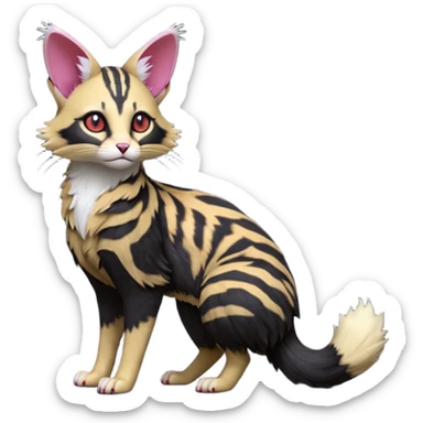 Hyper realistic  void-black fur haunted by crimson neon pulse-lines like living circuitry beautiful elegant pretty precious cute  Fakémon-Pokémon-opossum-feline-serval-caracal-chinchilla-Furret-Minccino-hybrid-creature with a big fluffy bushy tail (full body) sticker
