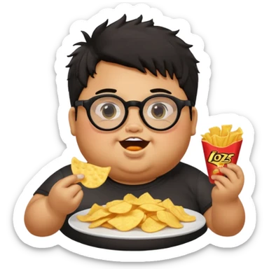 generate a pretty bratz boy with spectacles on, fat, tan. Black hair messy. eating chips sticker