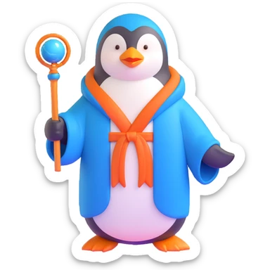 penguin wizard with blue robe and magic staff sticker