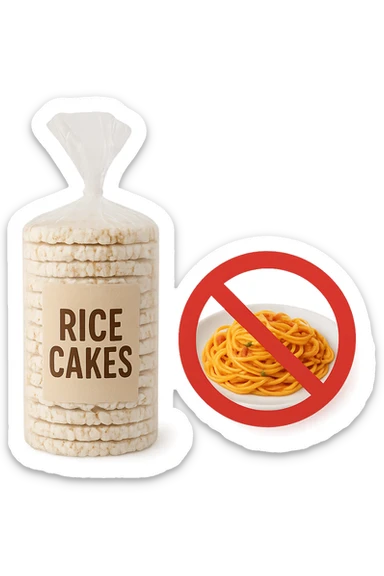 confezione di gallette di riso con accanto un piatto di pasta con divieto sopra, in italiano,  realistici sticker