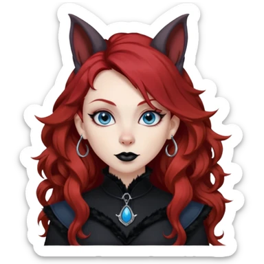  long curly red hair (darker), red pointed ears with black trim, black goth outfits, body and face human, blue eyes, more pointy chin, black lipstick, big fluffy red squirrel tail with black tips, like the attached photo with more outfits and poses,  sticker