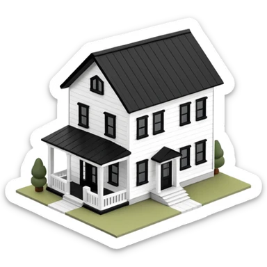 modern farmhouse dollhouse, white with black trim and wooden accents, 3d isometric  sticker