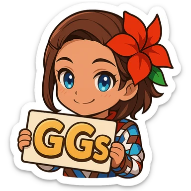 Azucena from Tekken 8 in chibi sticker style, holding a sign that says 'GGs' with a happy expression, designed for Twitch stream art. sticker