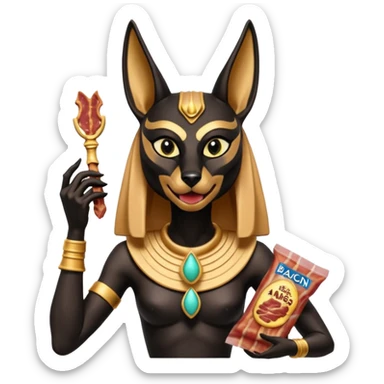  Friendly Short-eared Black fur beautiful female alien anubis statue posed biting on store-brand bacon packaging  sticker