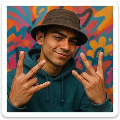 Make this sly cartoon figure look more realistic, maintain the YVL hand sign on both hands, graffiti-inspired, confident pose, realistic facial features and hands. Enhance the image with lifelike details while preserving the original character's attitude. sticker