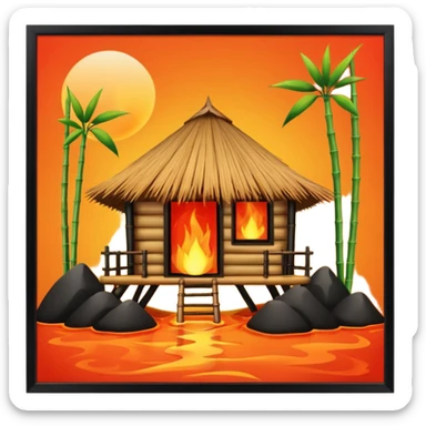 bamboo hut front of the volcano lava flowing sticker