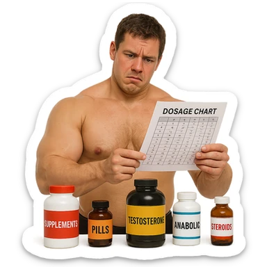 realistic inexperienced bodybuilder consulting complicated dosage chart, surrounded by bottles with different labels, puzzled expression, swollen but undefined muscles, white background, 4K quality sticker