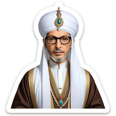 Jeff Goldblum no glasses as a regal portrait dressed as suleiman-the-magnificent,-depicted-as-a-regal-ottoman-sultan-adorned-with-a-large,-white,-round,-tall-turban-and-a-majestic-grey-beard,-his-commanding-gaze-bathed-in-warm,-historic-lighting-that-exudes-time with a large beard **no glasses* sticker
