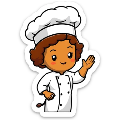 Light brown skinned mixed-race female chef with medium-length curly brown hair, wearing a chef's hat (toque), with both an angel halo and devil horns on her head sticker