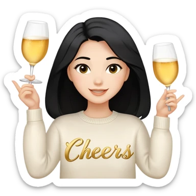 A woman with shoulder-length black hair, light to medium skin tone, full cheeks, and almond-shaped eyes, wearing a white sweater with the word 'cheers' in gold script, lying comfortably on a bed with soft lighting, joyful and radiant expression. sticker