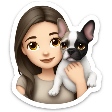 brunette hair girl cuddling a black and white frenchbulldog and a lynx point siamese  sticker