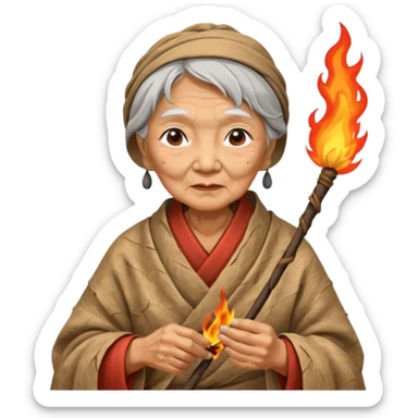 ancient asian old woman, tattered leaf cloth, hold fire stick sticker