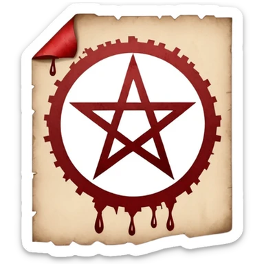 Minimalist emoji-style sticker of a blank torn contract with a pentagram stamp and drop of muted red ink. Gothic feel, flat design.
 sticker