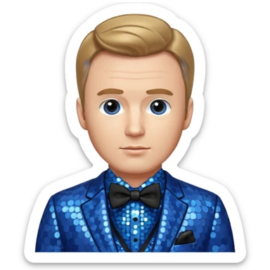 Chris Evans with dark blonde hair, blue sequin suit with bow tie sticker