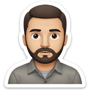 Puerto Rican actor René Monclova with round face, wide jaw, light skin. Expressive dark brown eyes, thick eyebrows. Short brown hair with receding hairline. Messy beard, brown with some gray patches. Wearing a dark button-down shirt. sticker