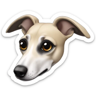 a beige whippet with a dark snout, black and white mouth patchy and black angel wing like eyes sticker