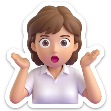 3D emoji style character with short tousled brown hair, surprised expression, wearing a white shirt, light background sticker