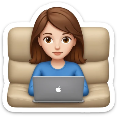 A white girl is lying on a sofa with a laptop sticker