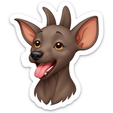 Cinematic Cute Yawning Xoloitzcuintle dog Portrait Emoji, Head tilted slightly with a dramatic, wide-open yawn, showcasing smooth, hairless ebony skin with gently relaxed wrinkles and floppy ears slightly drooping, round dark eyes barely open in drowsy contentment, Simplified yet irresistibly adorable features, highly detailed, glowing with a soft, cozy glow, high shine, relaxed yet expressive, stylized with a touch of whimsy, bright and endearing, soft glowing outline, capturing the essence of a sleepy yet affectionate guardian, so drowsy it feels like it could stretch out of the screen and curl up for a nap! sticker