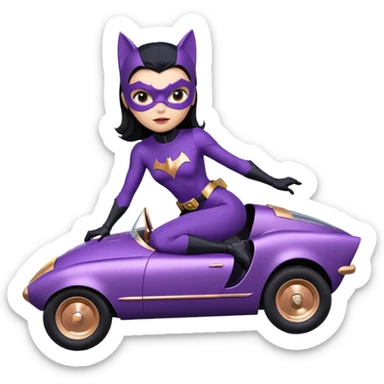  proportionally correct, real-appearance racing adult BatGirl’s feminine midnight-purple tight outfit sixty’s tv show 2032 stealth retro cat burglar sporty petite off-road pursuit hovering black hover-car rose gold accents (black hair,reclined and relaxed seating position and attitude) sticker