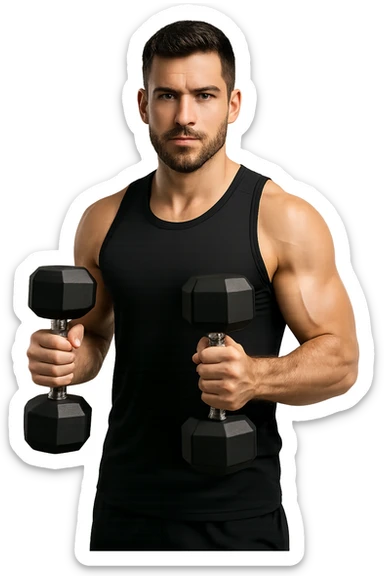 uomo fitness in forma con manubri da palestra in mano, isolata su sfondo bianco sticker