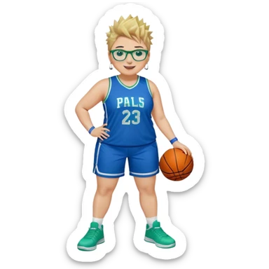 Full Body plus size white female basketball player with medium brown with blond hair with short spike hair wearing blue glasses 
With a small wide nose wearing blue green uniform  green sneakers smiling wearing silver hoop earring  sticker