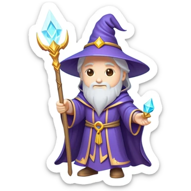 Clash of Clans aesthetic: Cinematic Playful Wizard Hero Emoji, rendered in a 3D vector-style similar to standard emojis with minimal shading and bold, simplified shapes. A compact, isometric figure draped in flowing enchanted robes and wielding a mystical staff, softly glowing with an arcane magical charm. Simplified yet unmistakably iconic, highly detailed and consistent, glowing with a soft radiant glow and high shine. Stylized with a touch of whimsical sorcery and a soft glowing outline, capturing the essence of a powerful wizard ready to cast spells with a friendly, playful spirit! sticker