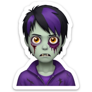 Boy, zombie, black hair, medium long, emo, shaggy, dark, spooky, creepy expression, purple skin sticker
