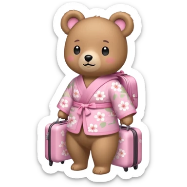 A cute light-brown bear wearing a pastel pink sakura-patterned kimono, normal balanced body ratio.  
Pulling a small suitcase with cheerful excited eyes, backpack on the back, ready for a trip.  
Kawaii emoji style, minimalistic clean sticker illustration, white background. sticker