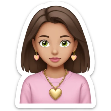 Create a teen girl wearing a light pink sweatshirt. She will have brunette hair, tan skin, pink lips, and grey-green eyes. She has long eyelashes. She is wearing gold stud earrings and a gold necklace with a heart-shaped pendant. sticker