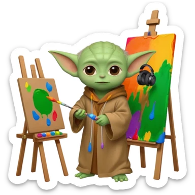 Baby Yoda in his brown robe with headphones in his ears, painting a picture on an easel and surrounded by paint pots. sticker