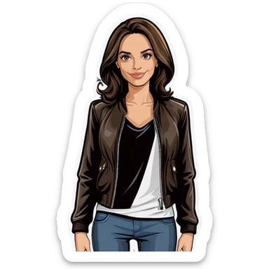 Jolie brune blouson de cuir noir sticker