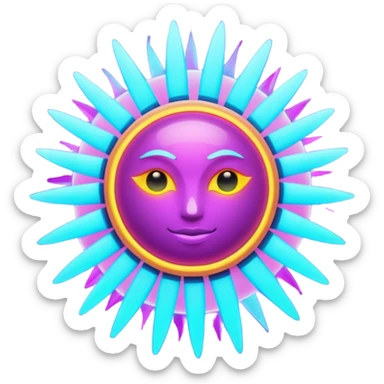 Futuristic glowing sun emoji, neon rays, bright holographic purple and cyan glow, dark background, digital tech style sticker
