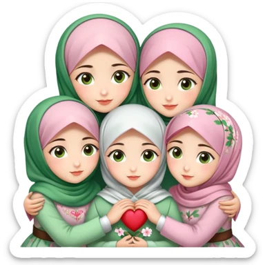 Four sister hugs Turkish girls beautiful finish Konya brown and green eyes with cherry blossom hijab and heart dress and hugs  sticker