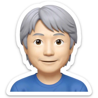 ​Cinematic Realistic Portrait of a Smiling Shigeru Miyamoto, depicted with warm, approachable features, gentle grey-tinted hair, and kind, expressive eyes, set against a subtle backdrop hinting at iconic video game imagery, rendered with lifelike textures and soft, inviting lighting that captures his innovative spirit, sticker
