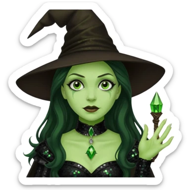 The Wicked Witch from The Land of Oz with green skin, long dark brown hair, black sequin outfit sticker