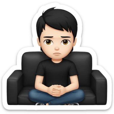 a pretty bratz boy with black hair and fat on a sofa looking sad sticker