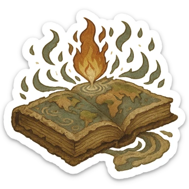 Make the ancient book with elemental motifs look even older, with tattered edges, faded elemental motifs, and mystical wear, in the style of apple emojis. Remove the background. sticker