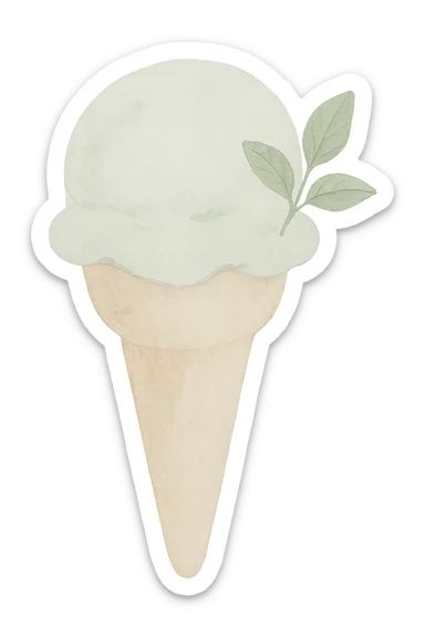 mint ice cream cone with rounded cone, light green ice cream with brush strokes, delicate mint leaves, watercolor style sticker