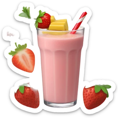 A strawberry banana smoothie with a orange straw sticker
