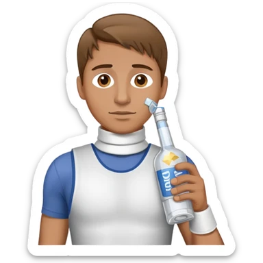 Light brown hair man with a bottle of vodka and broken neck brace sticker
