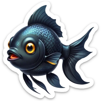 Cinematic Cute Black Goldfish Portrait Emoji, Head tilted playfully and inquisitively, featuring a glossy, deep black body with shimmering scales and round, sparkling golden eyes filled with curiosity, Simplified yet irresistibly adorable features, highly detailed, glowing with a warm, friendly glow, high shine, affectionate and lively, stylized with a touch of whimsy, bright and endearing, soft glowing outline, capturing the essence of a mischievous yet loving goldfish, so playful it feels like it could swim out of the screen and into your heart! sticker